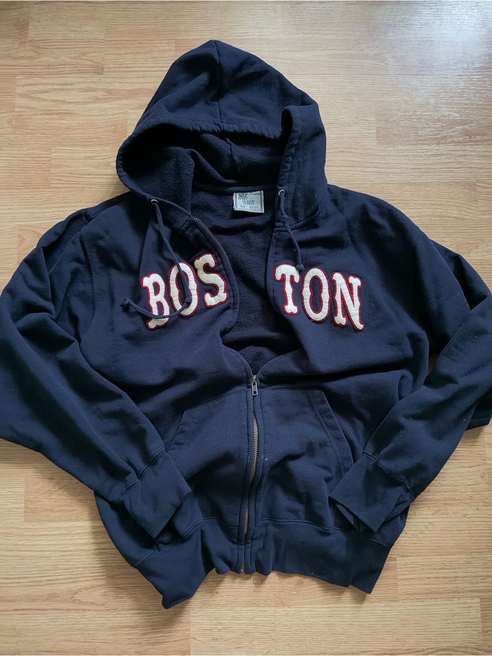 Vintage 90s MV Sport Boston Zip Up Hoodie Distressed Navy Blue Medium